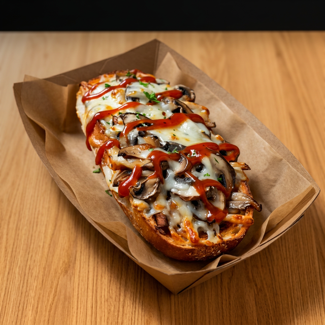 Zap Zap Baguette, Cheese, Mushrooms, Ham.