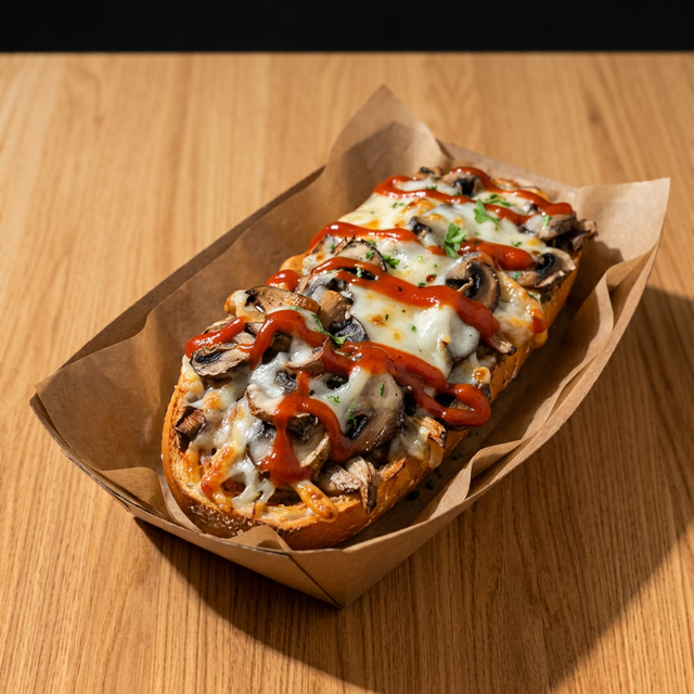 Zap Zap Baguette, Cheese, Mushrooms.