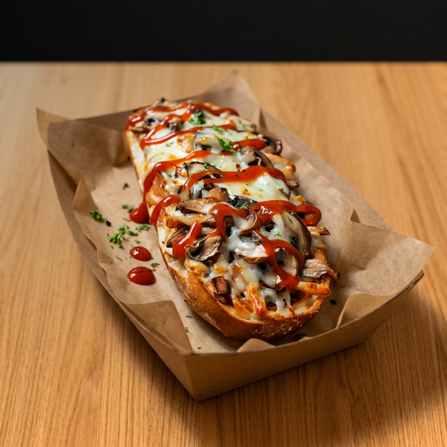 Zap Zap Baguette, Cheese, Mushrooms, Chicken, Beef or Lamb.